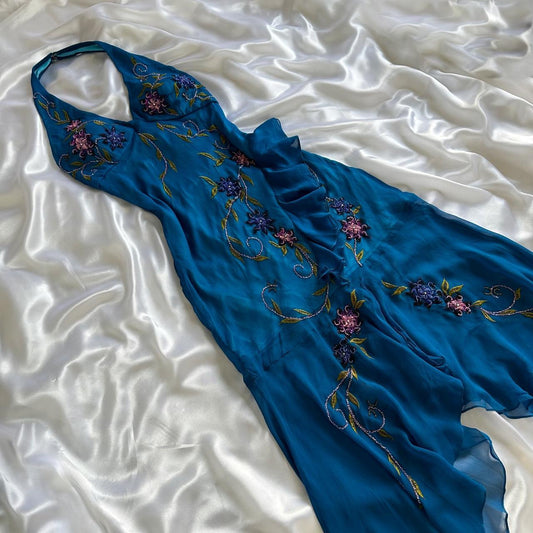 Indigo Gorgeous Flowing Vintage Beautiful Elegant Delicate Floral Beaded Spaghetti Straps Long Chiffon Tulle Ball Gown Evening Gown Party Dress Prom Gown gh3902