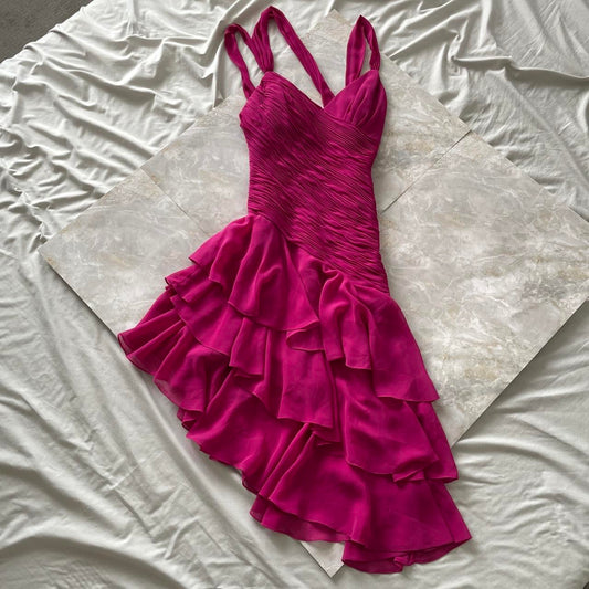 Purple Magenta Fashion Elegant Pleated Corset Midi Short Mini Asymmetric Chiffon Ruffle Homecoming Dress Prom Dress Evening Dress Party Dress Dance Dress gh3812