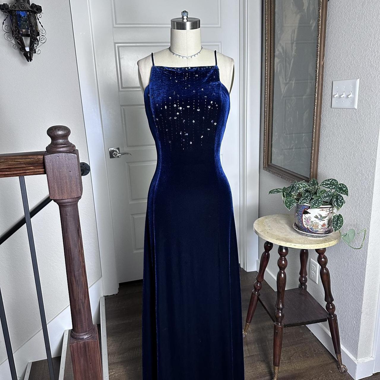 Dark Blue Vintage 90s Velvet Boat Neck Beaded Gown Long Prom Dress Evening Gown Party Dress gh4342