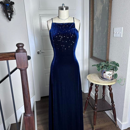 Dark Blue Vintage 90s Velvet Boat Neck Beaded Gown Long Prom Dress Evening Gown Party Dress gh4342