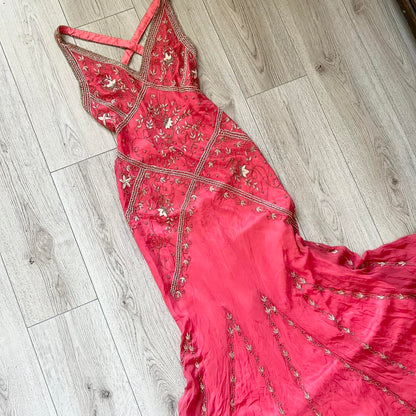 Pink Stunning Vintage Flowing Elegant Delicate Beaded Open Back Long Floor Length Mermaid Style Skirt Satin Ball Gown Evening Gown Birthday Party Gown Prom Gown gh3835