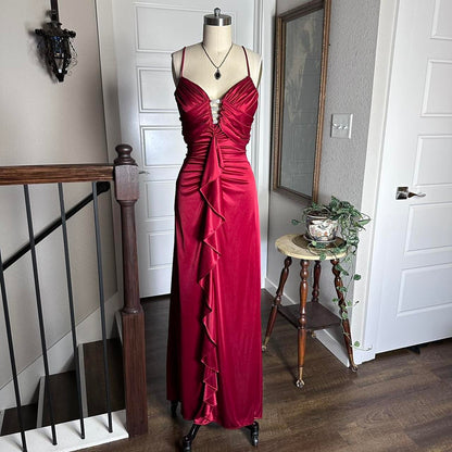 Red Retro Fashion Elegant Exquisite Rhinestone Long Slim Fit Ruffled Spaghetti Straps Ball Gown Evening Gown Party Dress Prom Gown gh3679