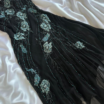 Black gorgeous fashion elegant exquisite green floral beading spaghetti straps long chiffon ball gown evening dress party dress prom dress gh3639