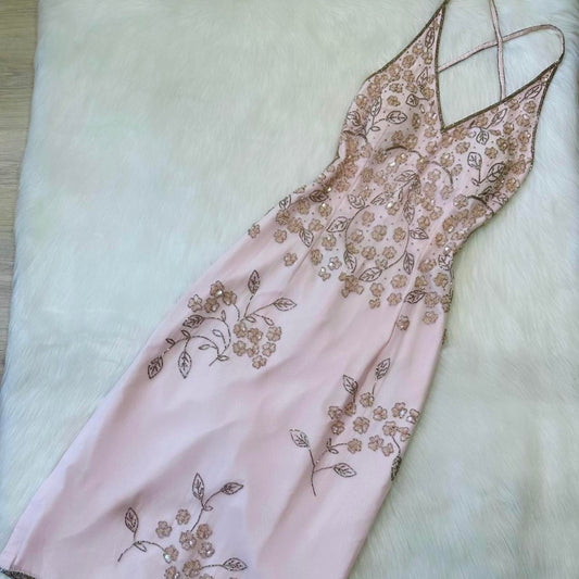Stunning vintage pale pink fairy dress silver floral beading beautiful prom dress beaded dress y2k dress fairy dress homecoming dress wedding guest dress 2000s dress gh4513