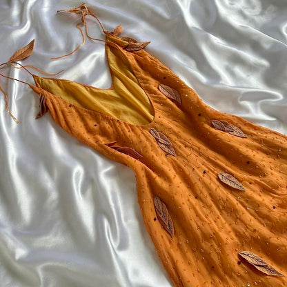 Orange gorgeous retro fashion elegant exquisite leaf beading spaghetti strap long chiffon ball gown evening dress birthday party dress prom dress gh3642