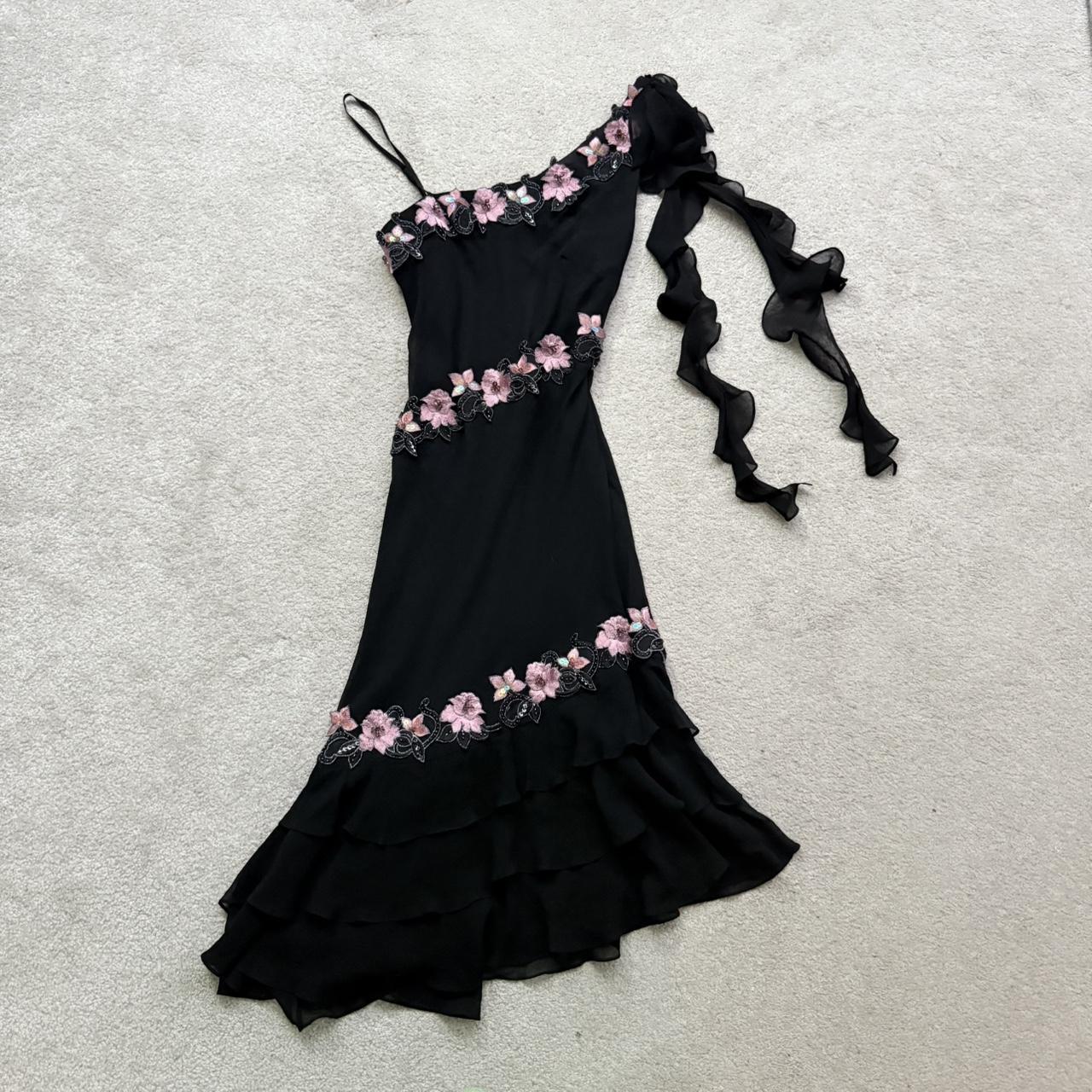 Black Gorgeous Elegant Delicate Pink Embroidered Appliqué Beaded One Shoulder Long Chiffon Ruffled Sequin Ball Gown Birthday Party Dress Evening Gown Prom Gown Holiday Date Night Gown gh4108