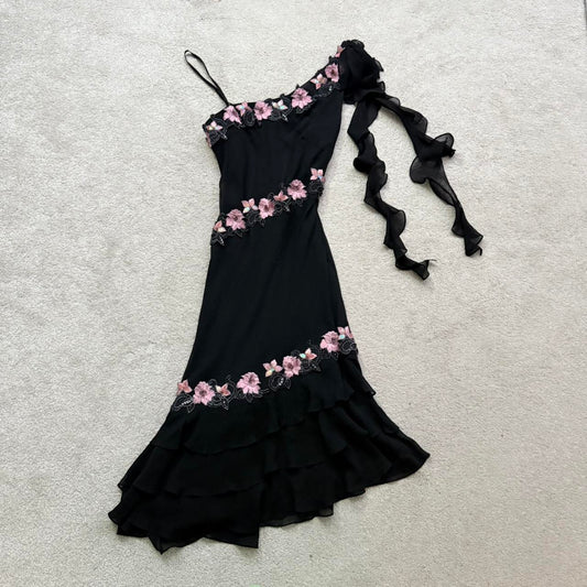 Black Gorgeous Elegant Delicate Pink Embroidered Appliqué Beaded One Shoulder Long Chiffon Ruffled Sequin Ball Gown Birthday Party Dress Evening Gown Prom Gown Holiday Date Night Gown gh4108