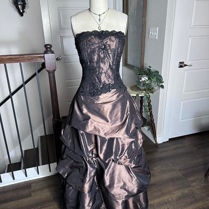 Black Brown Vintage Fashion Stunning Elegant ExquisiteLace Beaded Long Satin Formal Prom Dress Evening Dress Birthday Party Dress Ball Gown Graduation Dress gh3911