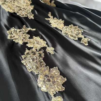 Black Fashion Elegant Beautiful Exquisite Lace Beaded Long Satin Handmade Custom Prom Dress Evening Dress Party Dress Prom Dress gh3751