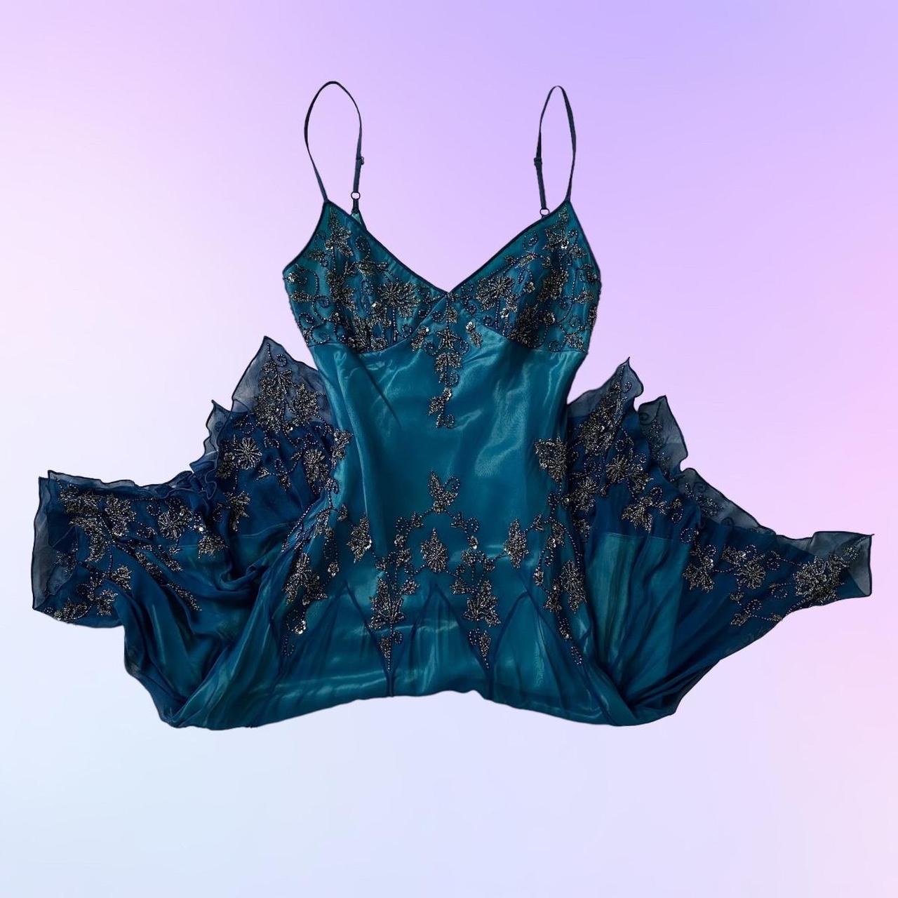 Dark blue gorgeous flowing vintage beautiful elegant delicate floral beaded spaghetti strap long chiffon ball gown evening dress party dress prom dress gh3903