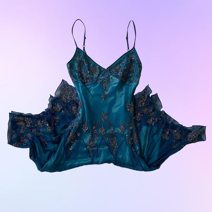 Dark blue gorgeous flowing vintage beautiful elegant delicate floral beaded spaghetti strap long chiffon ball gown evening dress party dress prom dress gh3903