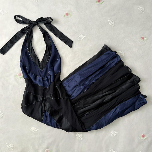 Dark Navy and Black Jumpsuit Fairy Halter Back Lace Up Women's Short/Midi satin Homecoming Dress, Evening Gown, Party Dress gh4122