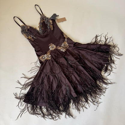 Brown Beaded Floral Short Satin Homecoming Dress Birthday Party Dress gh5085