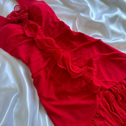 Red beautiful fashion unique elegant floral sling long chiffon tassel ruffle prom dress evening dress party dress gh3561