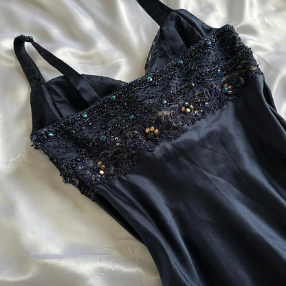 Dark Fairy Retro Navy Blue Fashion Elegant Beautiful Exquisite Gemstone Beaded Mid-Length Chiffon Ruffles Handmade Custom Prom Dress Evening Dress Party Dress Prom Dress gh3750