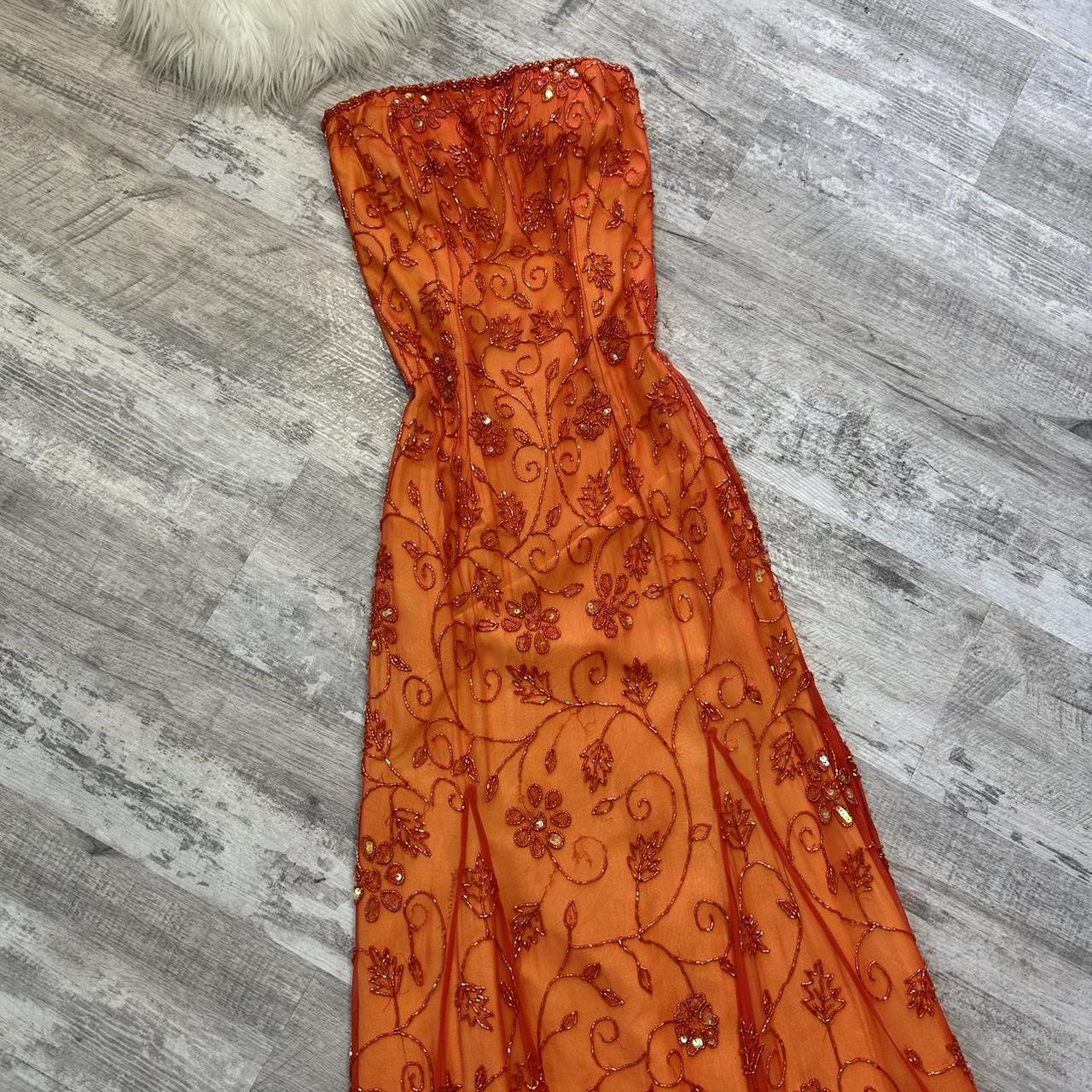 Beautiful Rare Vintage Orange Delicate Floral Sequin Beaded Backless Long Tulle Chiffon Ball Gown Evening Dress Prom Dress Birthday Party Dress gh3806