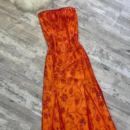 Beautiful Rare Vintage Orange Delicate Floral Sequin Beaded Backless Long Tulle Chiffon Ball Gown Evening Dress Prom Dress Birthday Party Dress gh3806