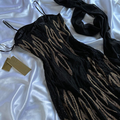 Black Gorgeous Delicate Gold Beaded Rhinestone Spaghetti Straps Long chiffon Ball Gown Evening Gown Party Dress Prom Gown gh3866