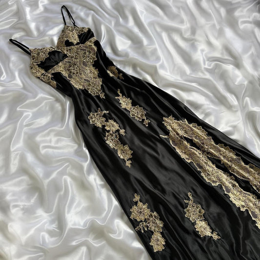 Black Fashion Elegant Beautiful Exquisite Lace Beaded Long Satin Handmade Custom Prom Dress Evening Dress Party Dress Prom Dress gh3751