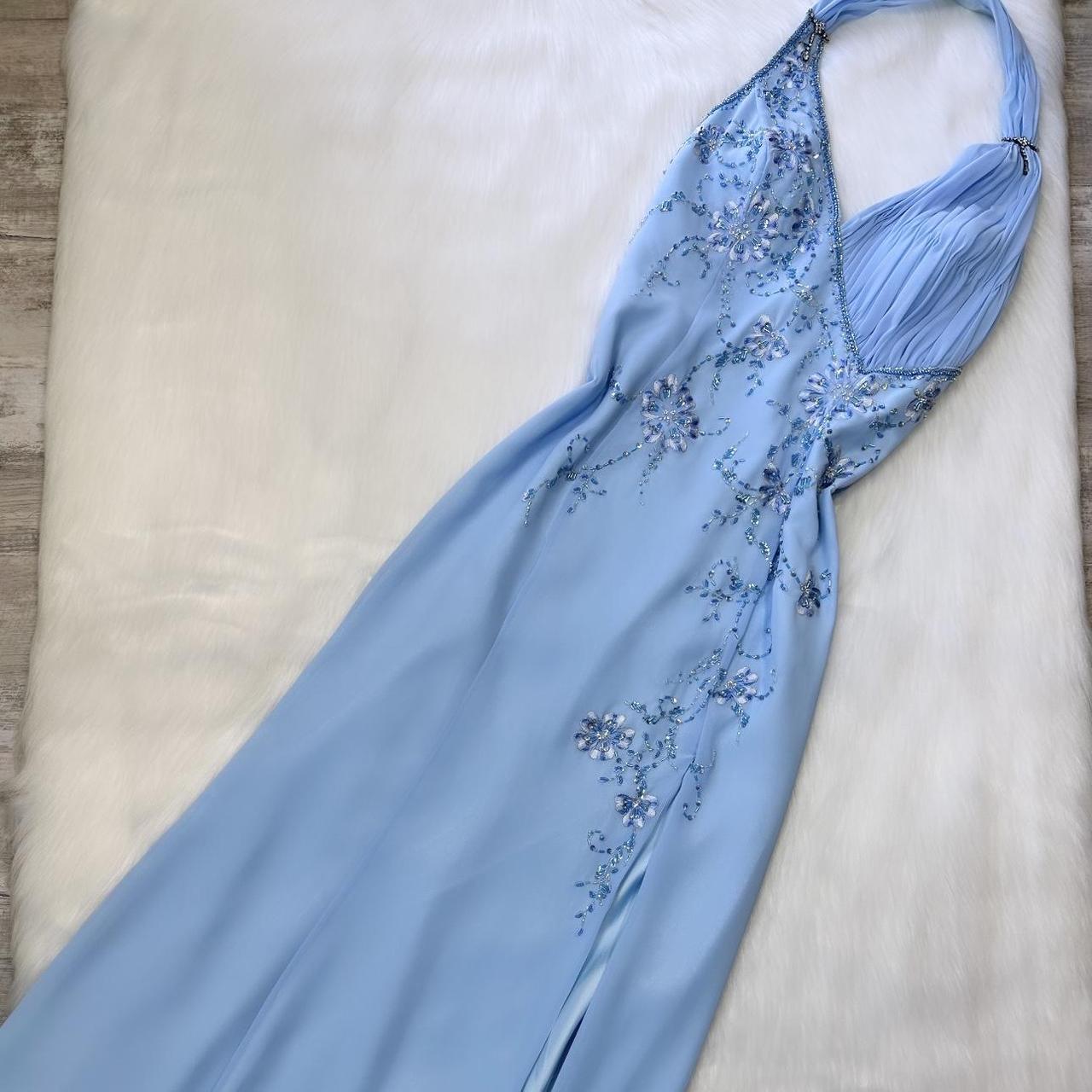 Beautiful light blue A-line strap blue delicate floral rhinestone sequin beaded backless long slit chiffon ball gown evening gown prom gown birthday party dress gh3805
