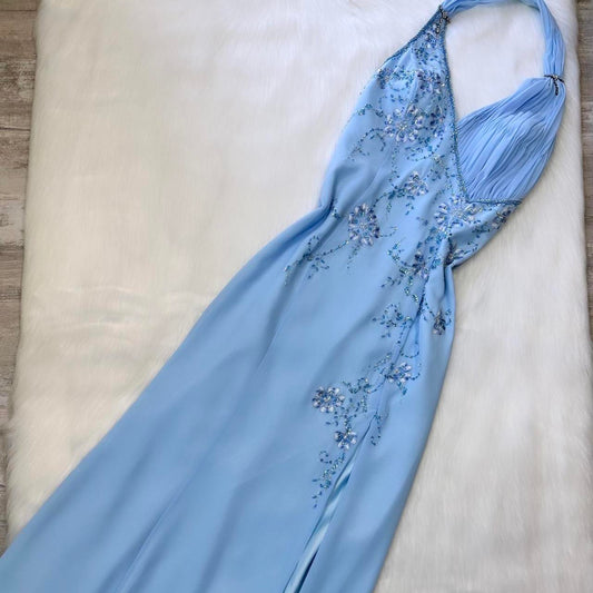 Beautiful light blue A-line strap blue delicate floral rhinestone sequin beaded backless long slit chiffon ball gown evening gown prom gown birthday party dress gh3805