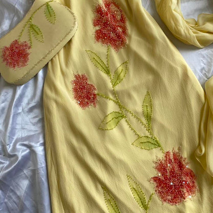 Yellow fashion halter floral beading long elegant chiffon ball gown evening dress gh3285