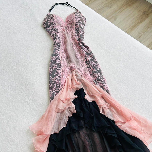 Pink Fashion Suspender Exquisite Lace Long Ruffled Ball Gown Evening Dress Party Dress gh3301