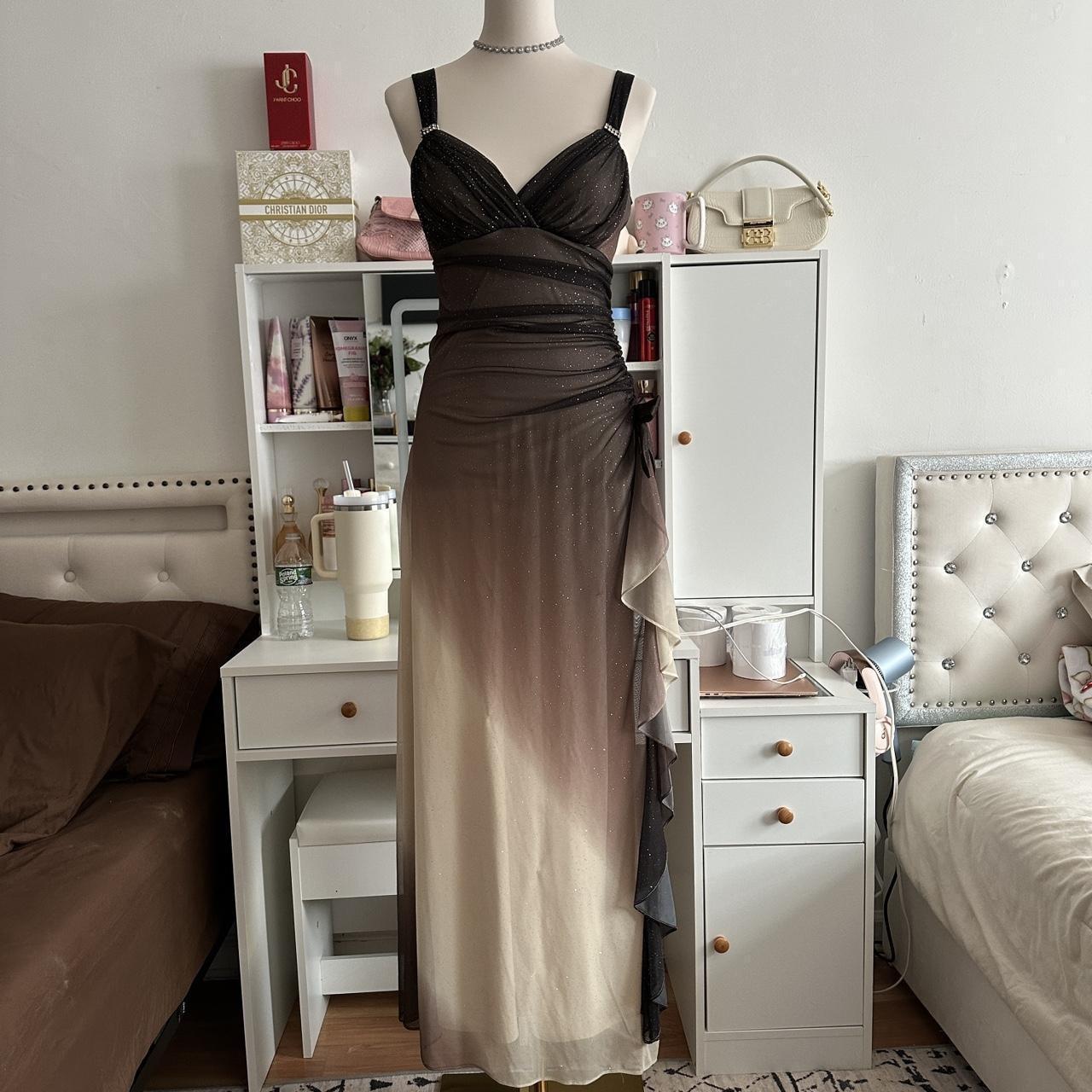 Brown and cream fashionable gradient beautiful unique glitter maxi dress vintage elegant long chiffon tulle ball gown evening dress party dress prom dress gh3879
