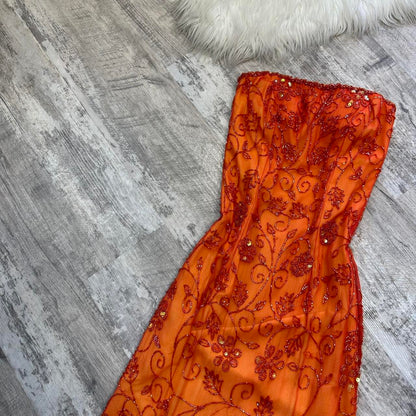 Beautiful Rare Vintage Orange Delicate Floral Sequin Beaded Backless Long Tulle Chiffon Ball Gown Evening Dress Prom Dress Birthday Party Dress gh3806