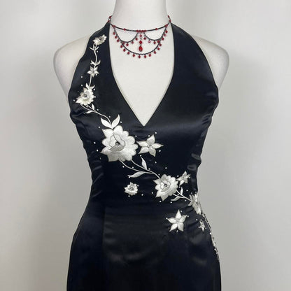 Black and white beautiful elegant fashion exquisite floral spaghetti straps long satin prom dress floor-length ball gown evening dress party dress gh3541