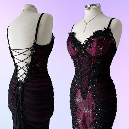 Berry pink stunning vintage fashion pleated mesh midi length elegant lace ball gown evening dress birthday party dress prom dress gh3643