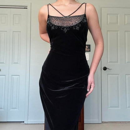Vintage Black Velvet Gorgeous Exquisite Beading Elegant Spaghetti Strap Long Velvet Ball Gown Evening Dress Birthday Party Dress Prom Dress gh3954
