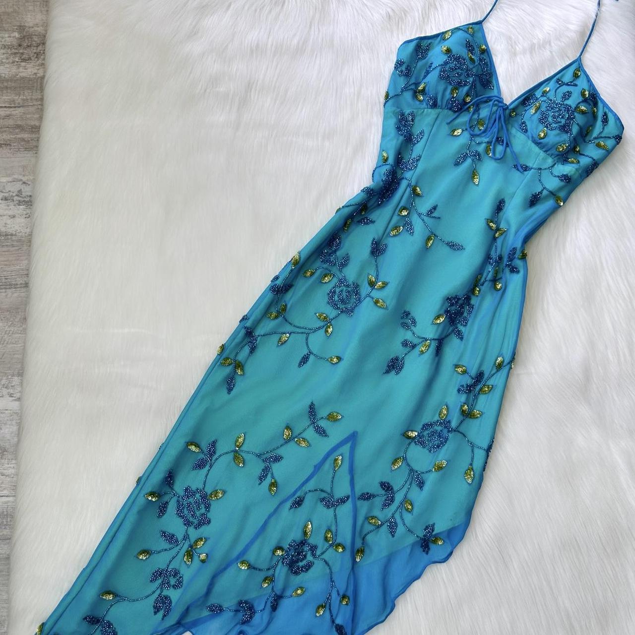 Blue Beaded Floral Long Chiffon Ball Gown Evening Gown Party Dress gh4310