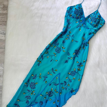 Blue Beaded Floral Long Chiffon Ball Gown Evening Gown Party Dress gh4310