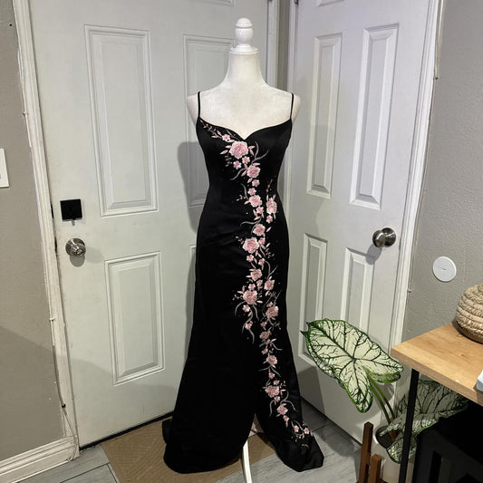 Black pink floral elegant long satin ball gown evening dress party dress gh4569
