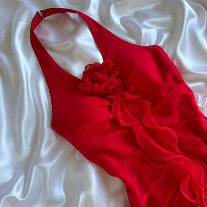 Red beautiful fashion unique elegant floral sling long chiffon tassel ruffle prom dress evening dress party dress gh3561