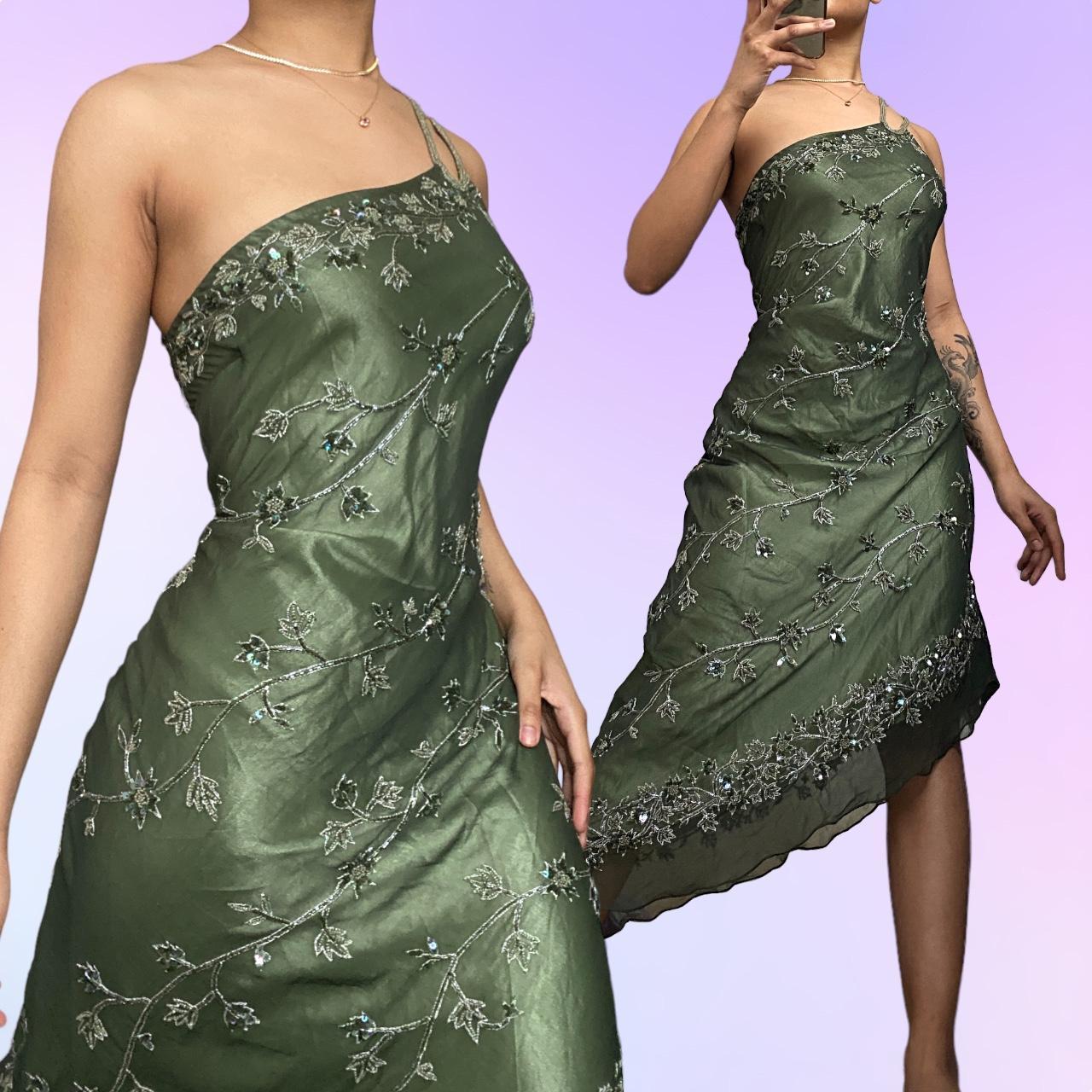 Forest Green Retro Fashion One Shoulder Absolutely Stunning Delicate Beaded Beaded Fairy Midi Green Sequin Silver White Floral Embroidered Long Chiffon Ball Gown Evening Gown Party Dress Prom Gown gh3753