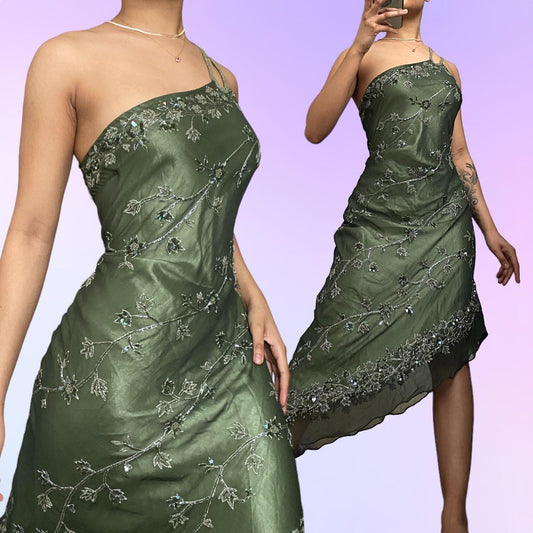 Forest Green Retro Fashion One Shoulder Absolutely Stunning Delicate Beaded Beaded Fairy Midi Green Sequin Silver White Floral Embroidered Long Chiffon Ball Gown Evening Gown Party Dress Prom Gown gh3753