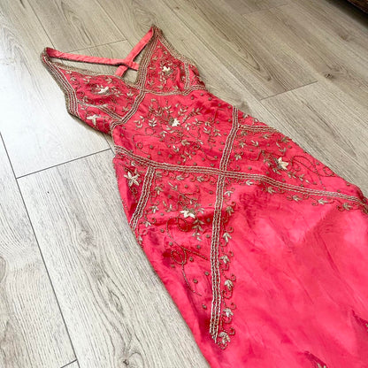 Pink Stunning Vintage Flowing Elegant Delicate Beaded Open Back Long Floor Length Mermaid Style Skirt Satin Ball Gown Evening Gown Birthday Party Gown Prom Gown gh3835