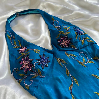 Indigo Gorgeous Flowing Vintage Beautiful Elegant Delicate Floral Beaded Spaghetti Straps Long Chiffon Tulle Ball Gown Evening Gown Party Dress Prom Gown gh3902