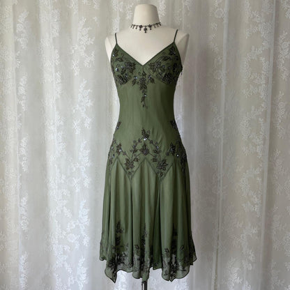 Olive Green Beaded Formal Prom Dress Chiffon Pretty Floral Midi/Short Homecoming Dress Date Dress Party Dress gh4618