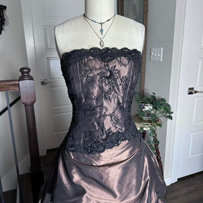 Black Brown Vintage Fashion Stunning Elegant ExquisiteLace Beaded Long Satin Formal Prom Dress Evening Dress Birthday Party Dress Ball Gown Graduation Dress gh3911