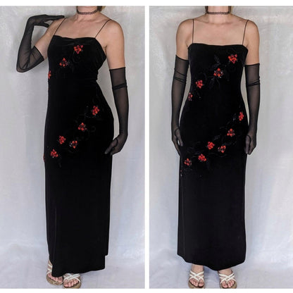 Black Vintage Elegant Delicate Rose Floral Beaded Long Velvet Ball Gown Evening Gown Birthday Party Gown Prom Gown gh3802