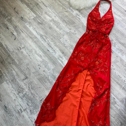Red gorgeous exquisite beaded long chiffon sling real beautiful flowers wedding guest dress dating dress graduation dress gh4518