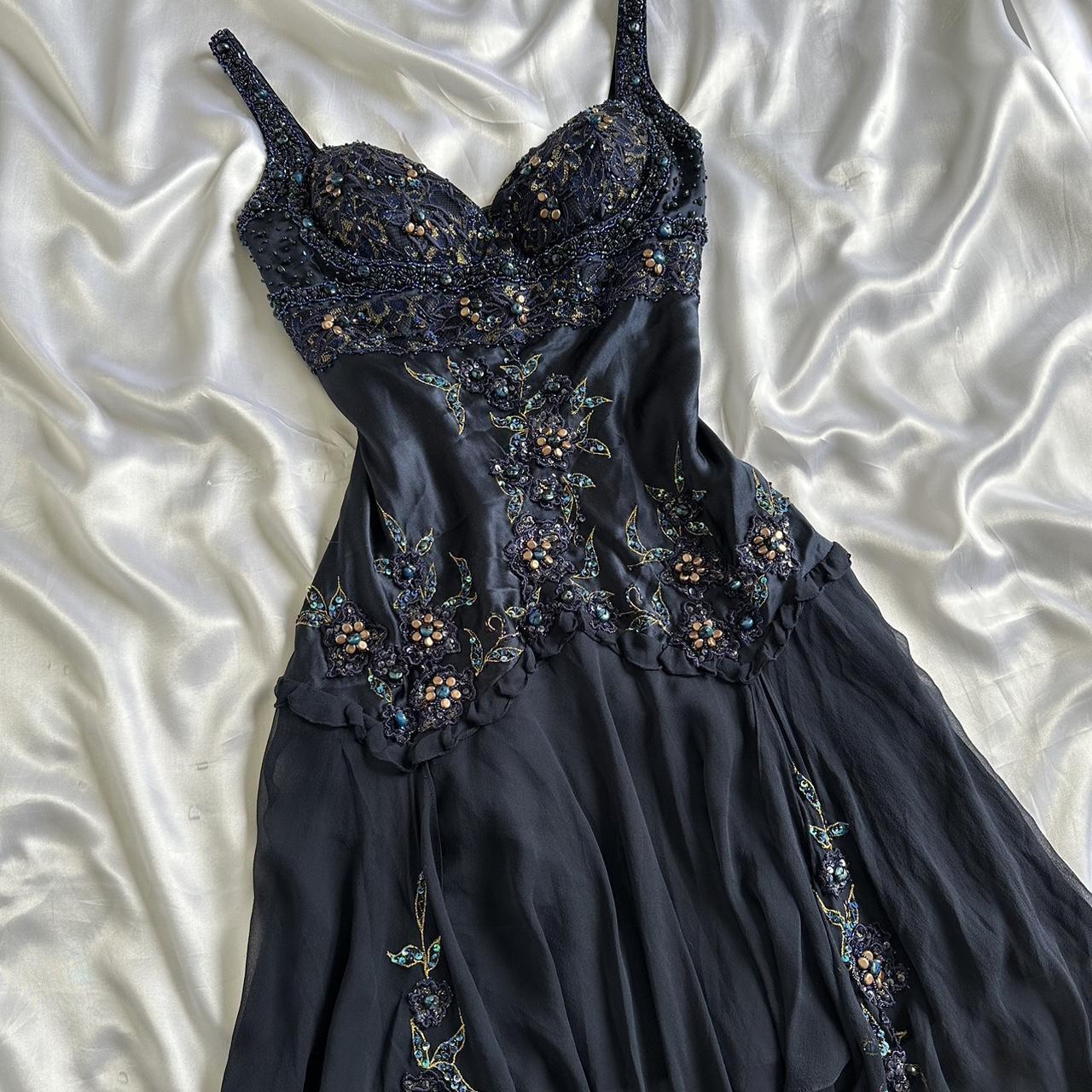 Dark Fairy Retro Navy Blue Fashion Elegant Beautiful Exquisite Gemstone Beaded Mid-Length Chiffon Ruffles Handmade Custom Prom Dress Evening Dress Party Dress Prom Dress gh3750