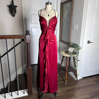 Red Retro Fashion Elegant Exquisite Rhinestone Long Slim Fit Ruffled Spaghetti Straps Ball Gown Evening Gown Party Dress Prom Gown gh3679