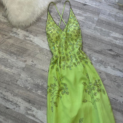 Light Green Vintage Stunning Exquisite Silver Floral Beaded Women's Long Chiffon Evening Dress Party Dress Prom Dress gh4285