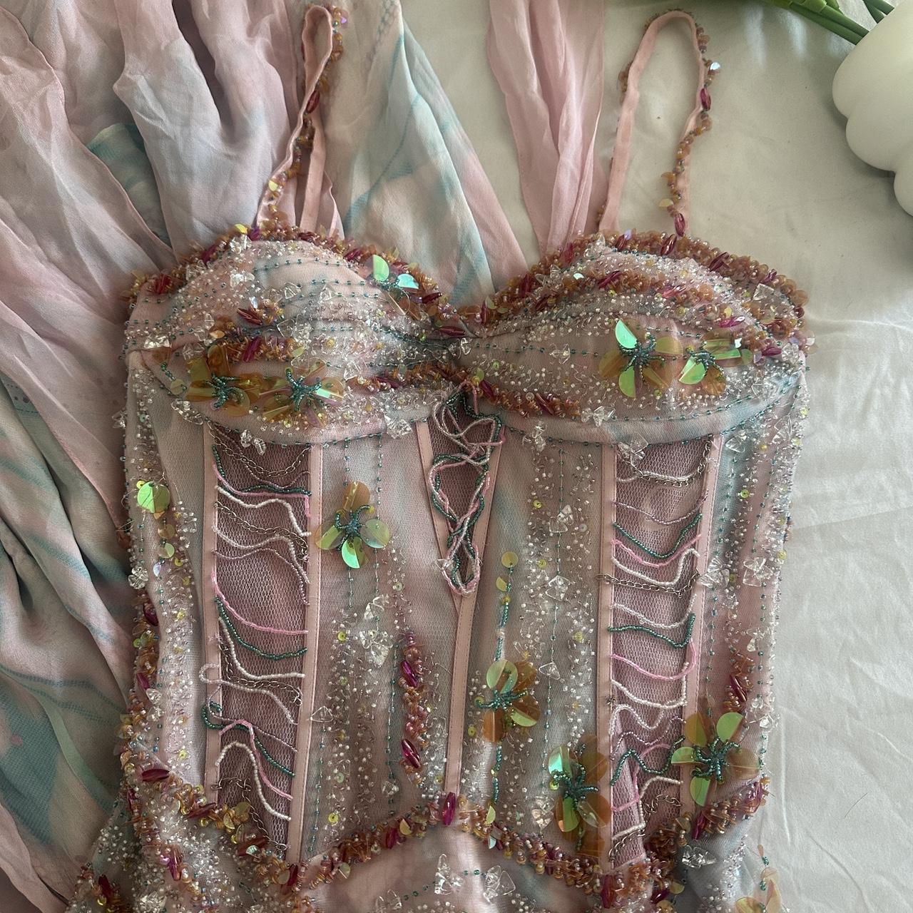 Pale Pink and Blue Flowing Vintage Fashion Mermaid Beaded Bodice Beaded with Sequins Beautiful Unique Glitter Elegant Long Chiffon Tulle Ball Gown Evening Gown Party Dress Prom Gown gh3881