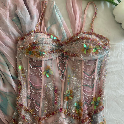 Pale Pink and Blue Flowing Vintage Fashion Mermaid Beaded Bodice Beaded with Sequins Beautiful Unique Glitter Elegant Long Chiffon Tulle Ball Gown Evening Gown Party Dress Prom Gown gh3881