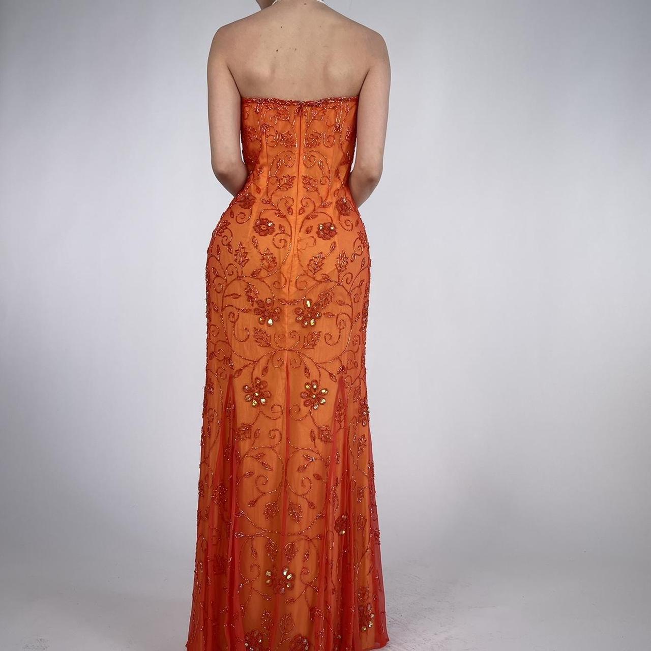Beautiful Rare Vintage Orange Delicate Floral Sequin Beaded Backless Long Tulle Chiffon Ball Gown Evening Dress Prom Dress Birthday Party Dress gh3806